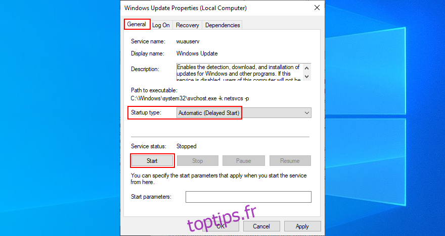 Windows 10 montre comment modifier les propriétés du service Windows Update