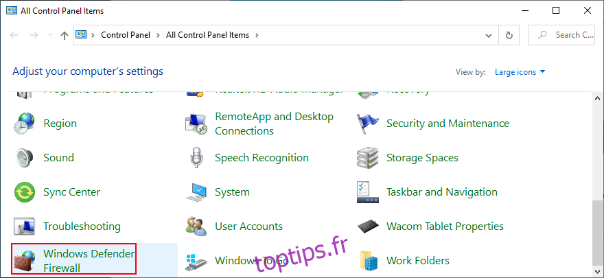 Le panneau de configuration affiche le pare-feu Windows Defender