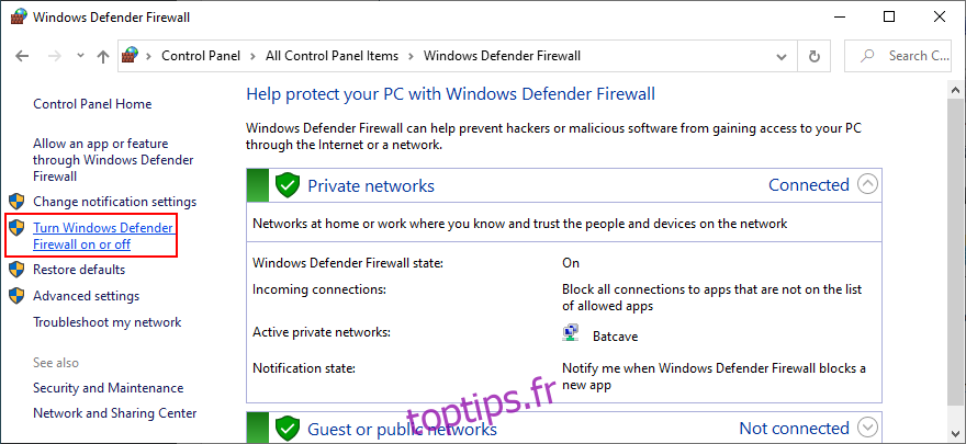 Le panneau de configuration montre comment activer ou désactiver le pare-feu Windows Defender