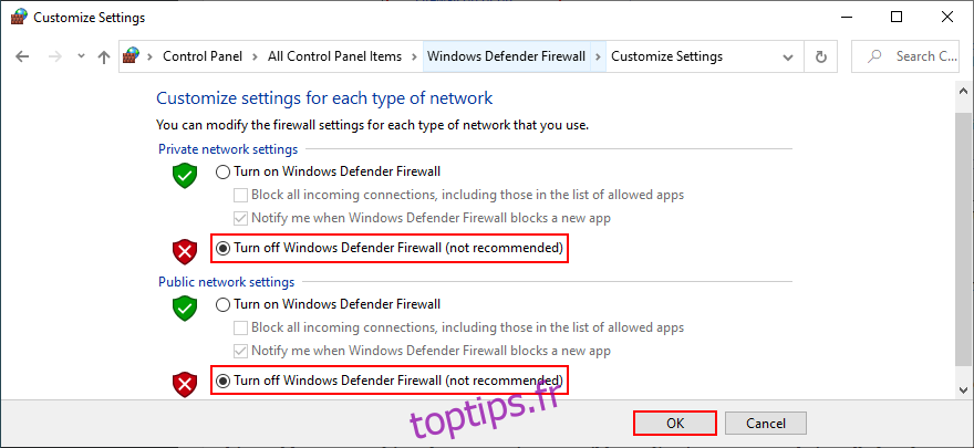 Le Panneau de configuration montre comment désactiver le pare-feu Windows Defender