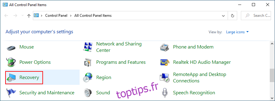 Windows 10 montre comment accéder à la récupération à partir du panneau de configuration