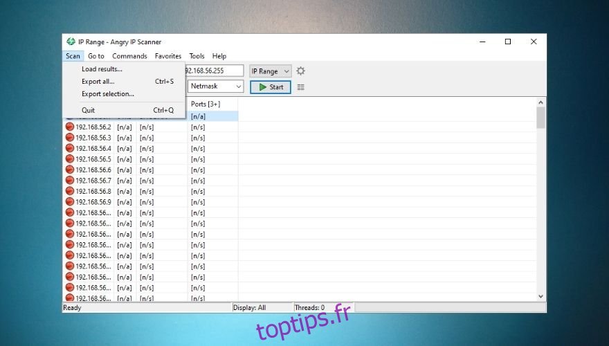 Menu de numérisation de Angry IP Scanner