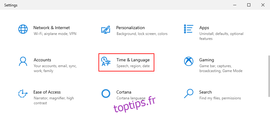 Windows 10 montre comment accéder aux paramètres d'heure et de langue