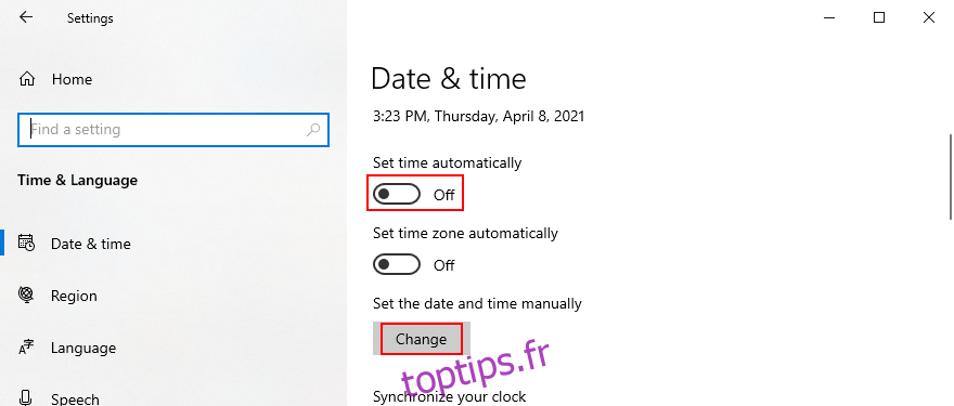 Windows 10 montre comment régler la date et l'heure manuellement