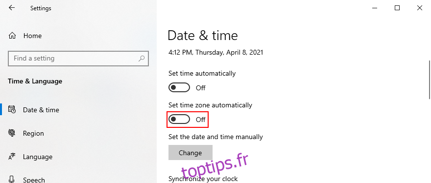 Windows 10 montre comment désactiver le fuseau horaire automatique