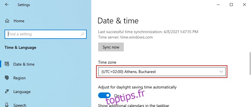 Windows 10 montre comment changer le fuseau horaire