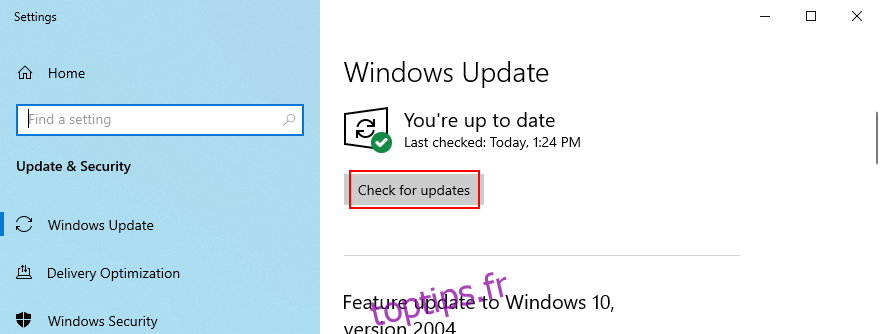 Windows 10 montre comment rechercher des mises à jour