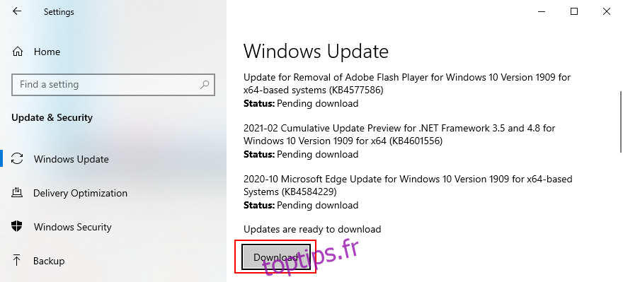 Windows 10 montre comment télécharger les mises à jour du système