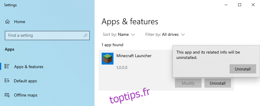 Windows 10 montre comment désinstaller Minecraft Launcher