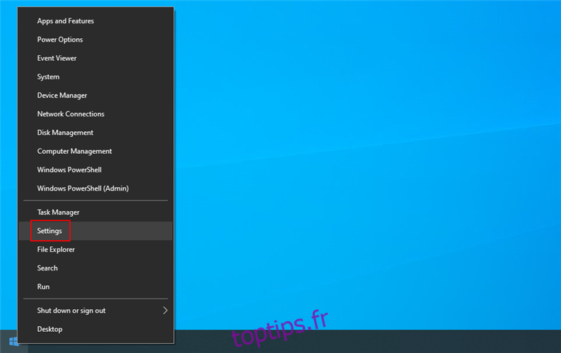 Windows 10 montre comment accéder aux paramètres à partir du menu contextuel Démarrer