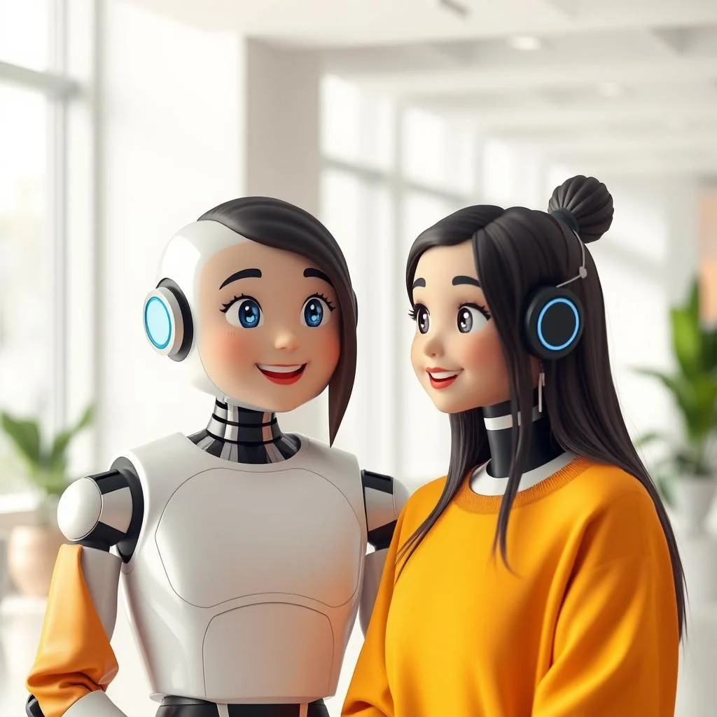 Un robot humanoïde et une jeune femme portant un pull orange et des écouteurs se tiennent côte à côte et sourient.