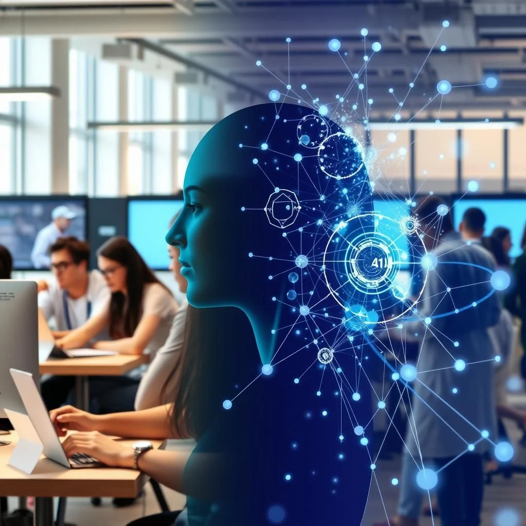 Une femme est représentée de profil, de couleur bleue foncée, superposée à une image de personnes travaillant dans un bureau. Un réseau de points lumineux bleus et de lignes relie la tête de la femme, formant une sorte de halo ou d'aura technologique. Au centre de ce réseau, près de son oreille, une forme circulaire avec le chiffre 41 est visible. L'arrière-plan montre un espace de bureau lumineux avec des écrans et plusieurs personnes travaillant à leurs bureaux, certaines regardant vers l'avant, d'autres utilisant des ordinateurs portables.