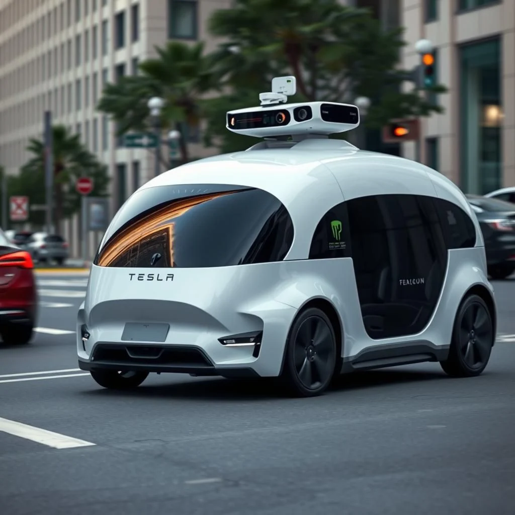 Véhicule Tesla blanc autonome dans une rue de ville avec des immeubles en arrière-plan.