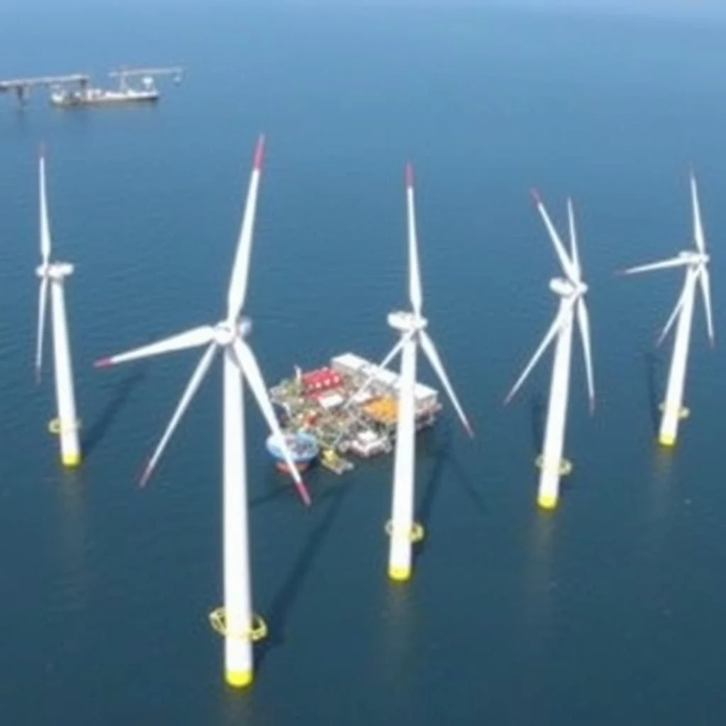 Vue aérienne d'un parc éolien offshore avec plusieurs éoliennes blanches et une plateforme centrale.