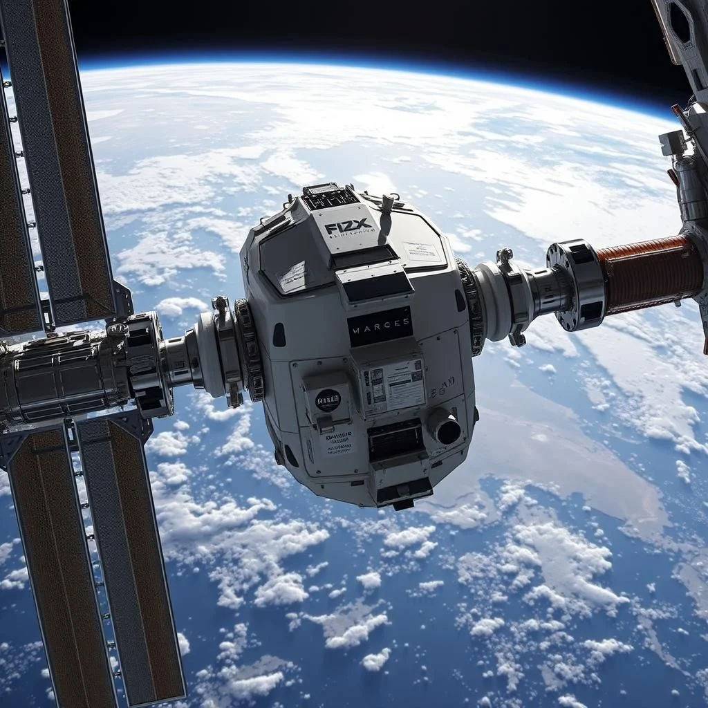 Un module de station spatiale amarré, avec la Terre et ses nuages en arrière-plan.