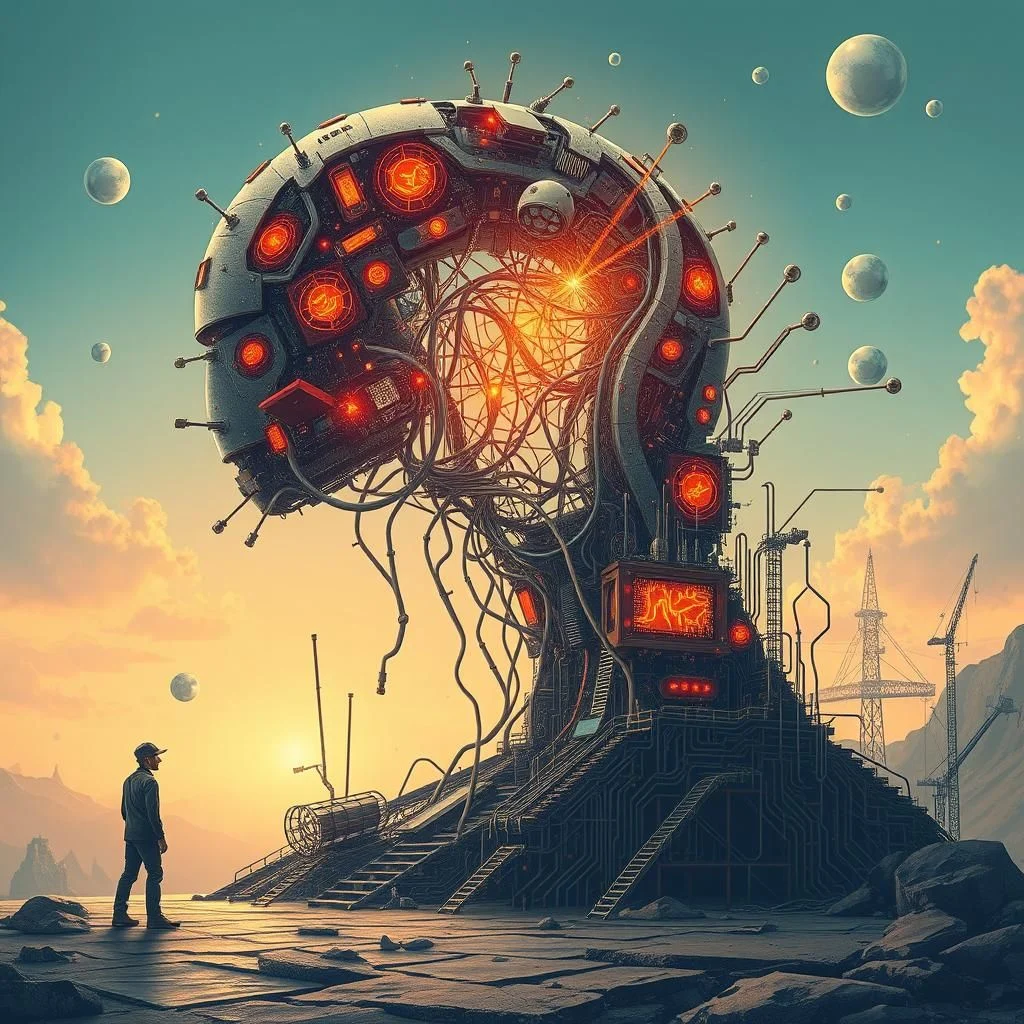 Un homme se tient devant une structure mécanique massive ressemblant à une tête humaine géante, avec des câbles complexes et des lumières orange vif. La structure est soutenue par une base pyramidale faite de circuits et de composants électroniques. Dans le ciel, plusieurs lunes ou planètes flottent au-dessus d'un paysage rocheux et montagneux, avec des nuages au coucher du soleil. Des grues et des structures industrielles sont visibles en arrière-plan.